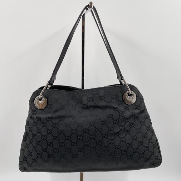 Gucci GG Monogram Eclipse Tote Bag Cloth Canvas Leather Trim Black Y2K Purse - Picture 4 of 16